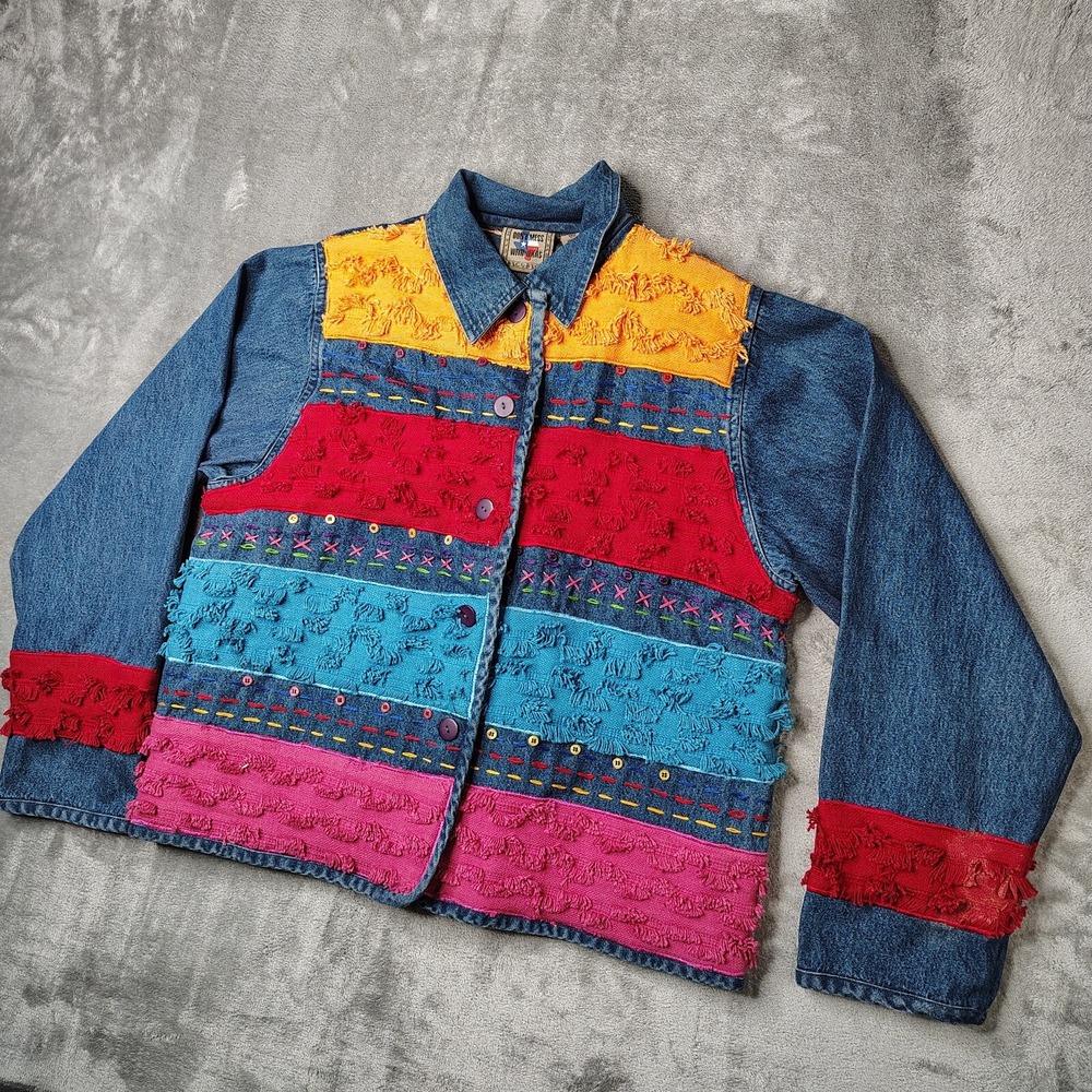 Don't Mess With Texas Denim Jacket Womens XL Multicolor Fringe Embroidered Art